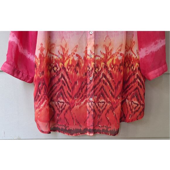 Chico's Semi Sheer 3/4 sleeves Pink-Orange Sunset Shirt Blouse Top Size 3 = XL - Picture 6 of 10